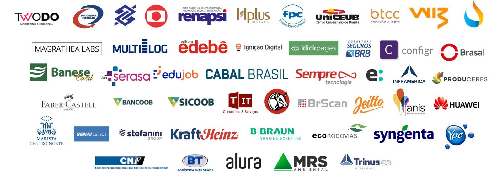 Logotipos de organizações atendidas pela SKIPO, entre elas Banco do Brasil, Serasa, Marista, Faber-Castell, Sicoob, Stefanini, Kraft Heinz, Ecorodovias, Syngenta e SENAI